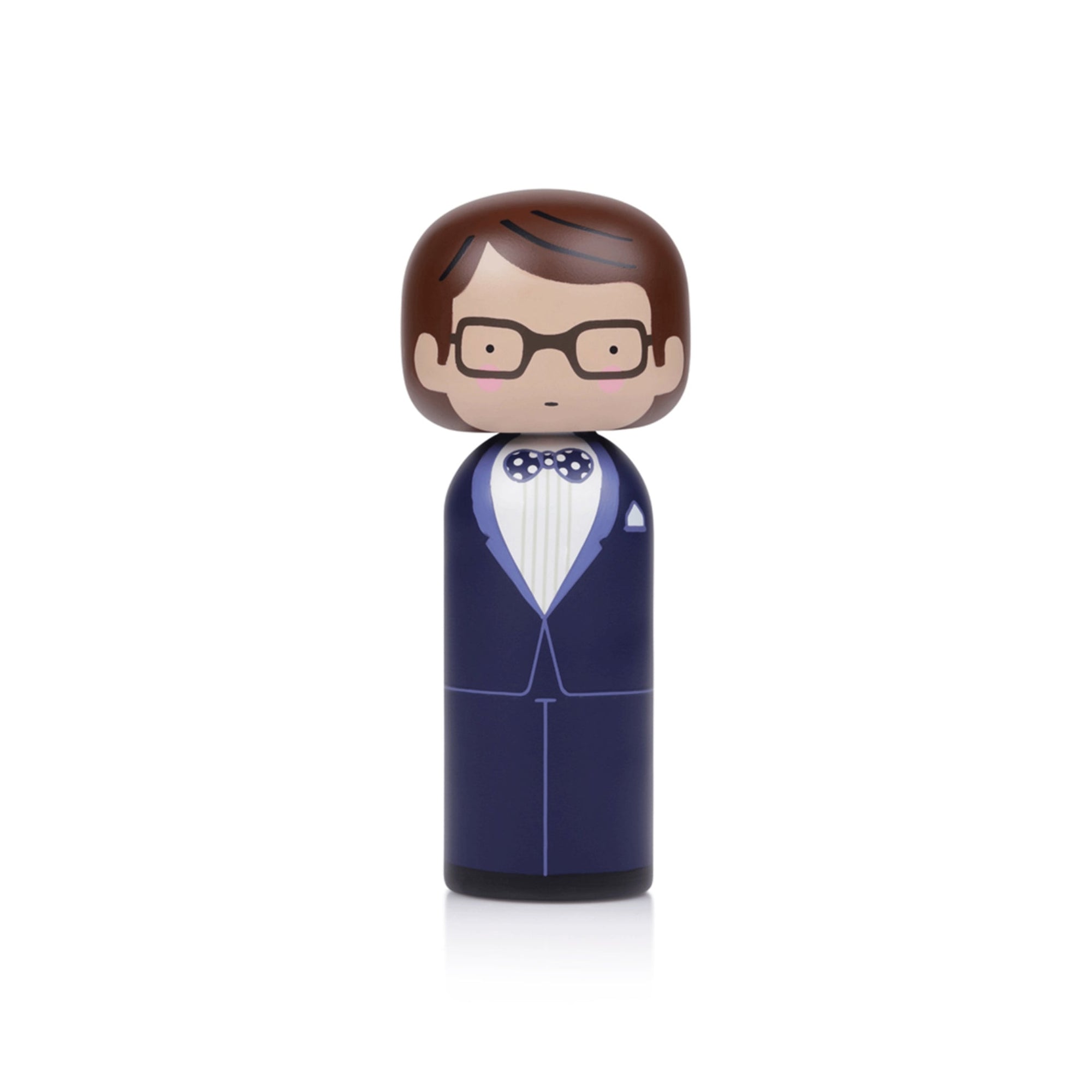 A kokeshi doll with glasses, wearing a blue suit and bow tie, on a white background.