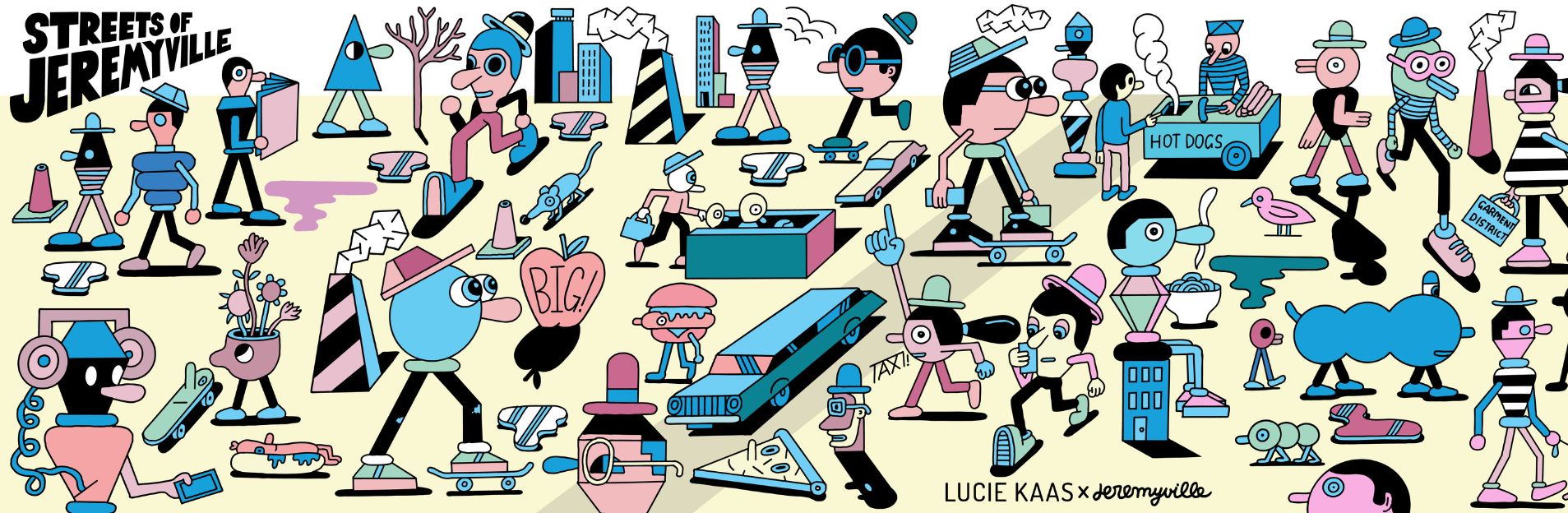 Colorful illustration of quirky characters and objects in a playful street scene.