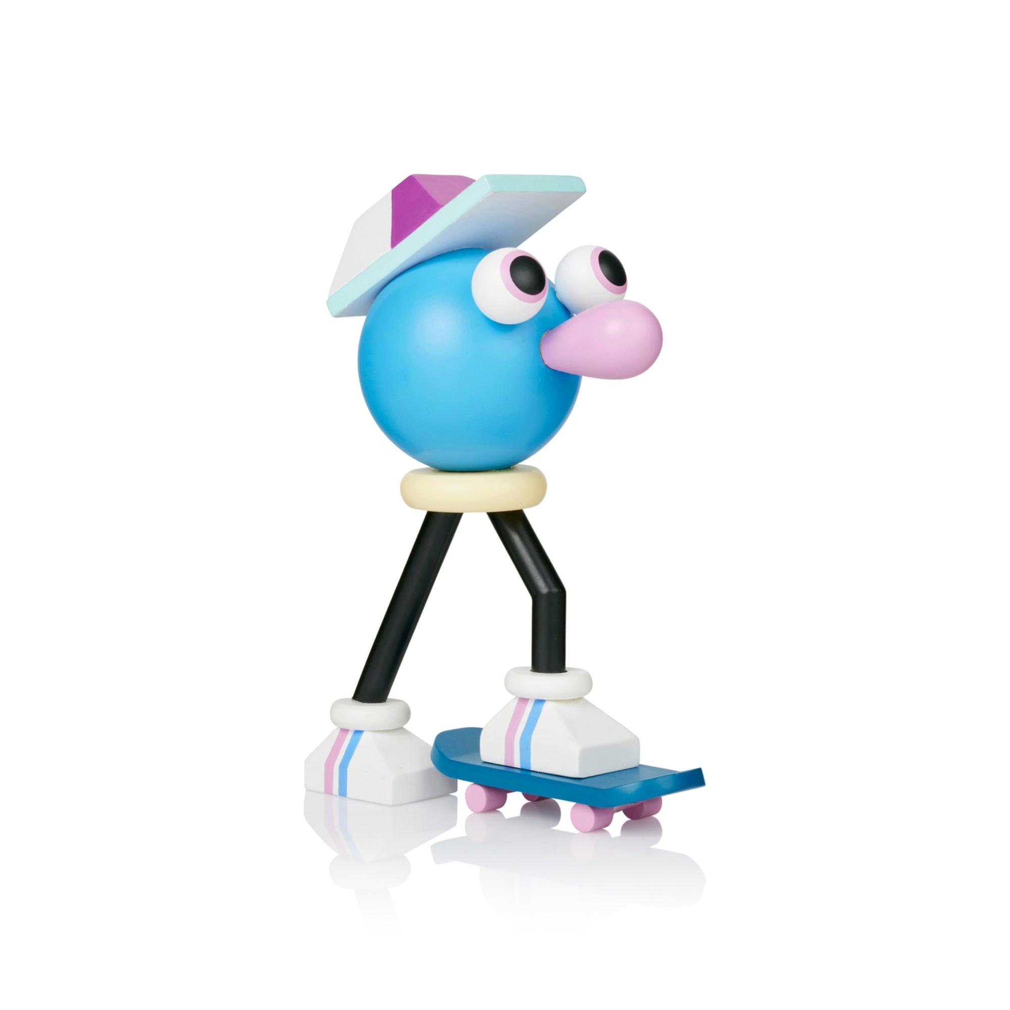 A colorful, abstract figure with a blue head, large eyes, and a skateboard.