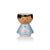 Kokeshi doll with a blue dress featuring a cloud and character design, black hair, and a smiling face.