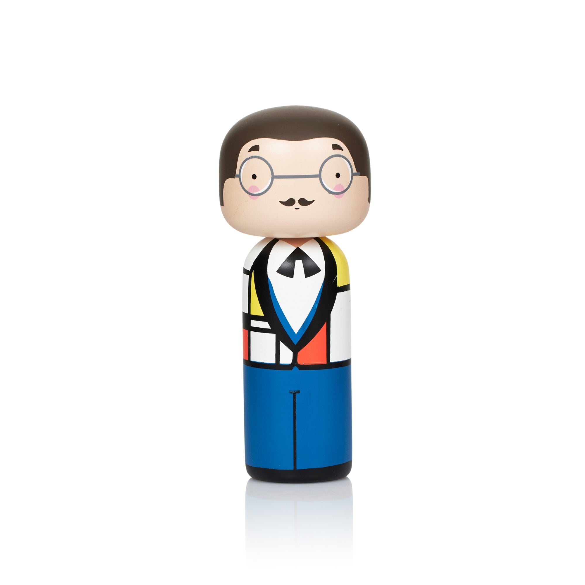 A kokeshi doll with glasses, a mustache, and a colorful geometric-patterned outfit.