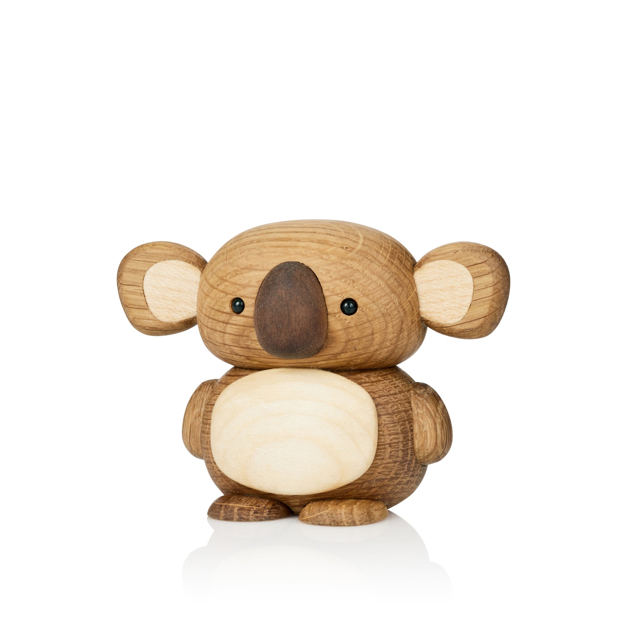 Wooden koala figurine with large ears and a round body on a white background.