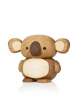 Wooden koala figurine with large ears and a round body on a white background.