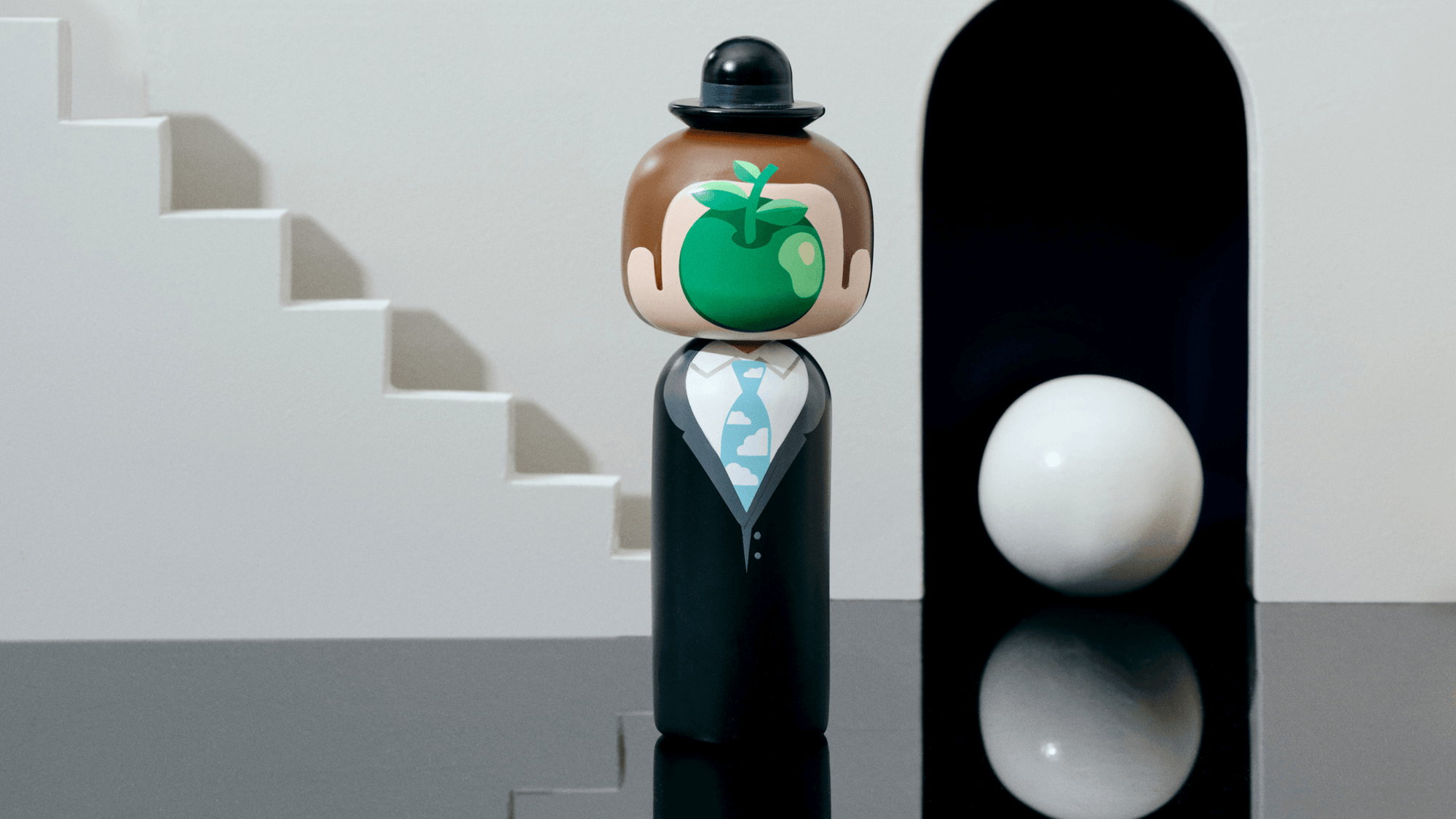 A kokeshi doll with a bowler hat and apple face stands on a reflective surface near a staircase and archway.