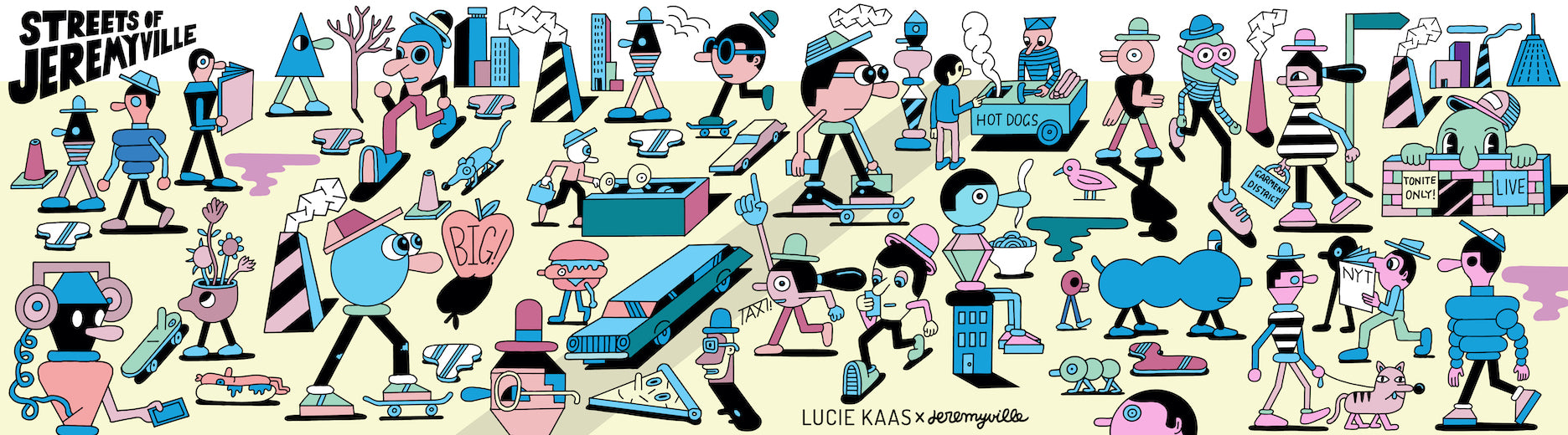 Colorful cartoon characters in various activities, with geometric shapes and whimsical designs.