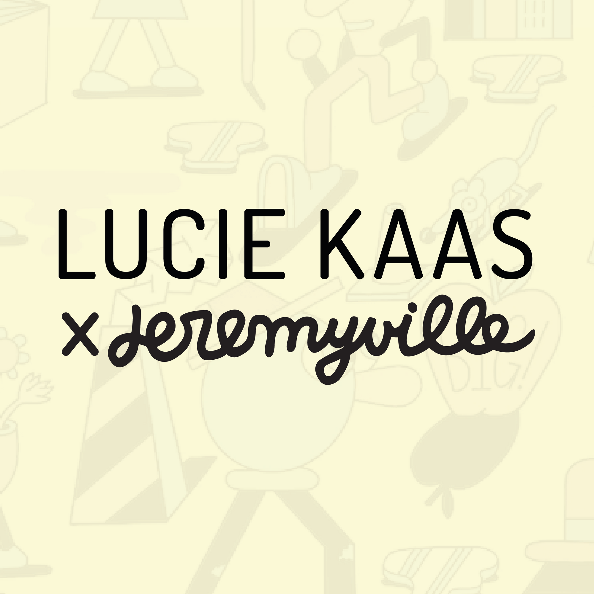 Logo of Lucie Kaas and Jeremyville collaboration with abstract background illustrations.