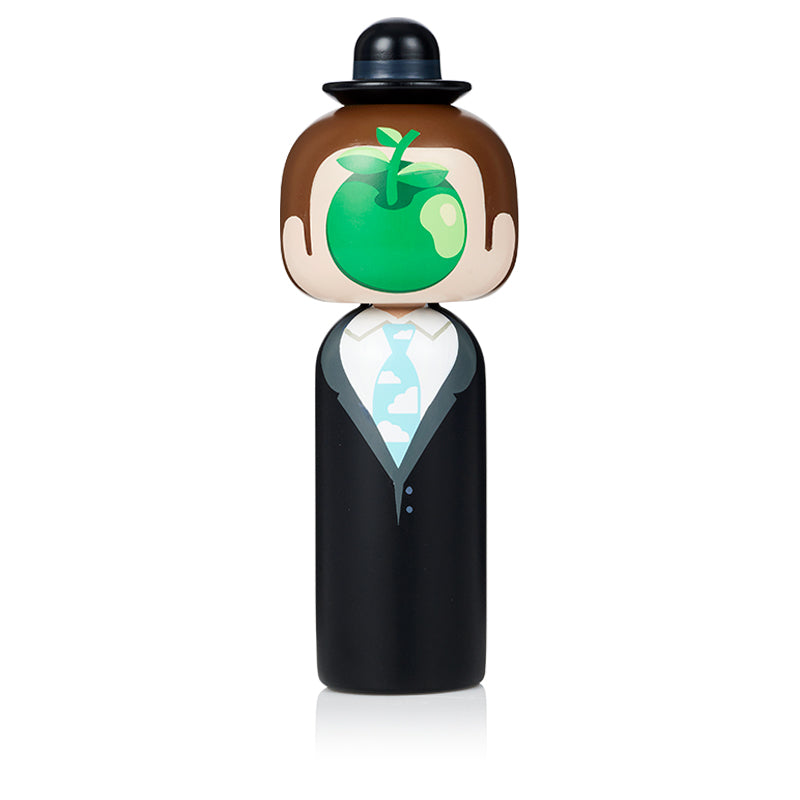Kokeshi doll with a suit and bowler hat, featuring a green apple covering the face.