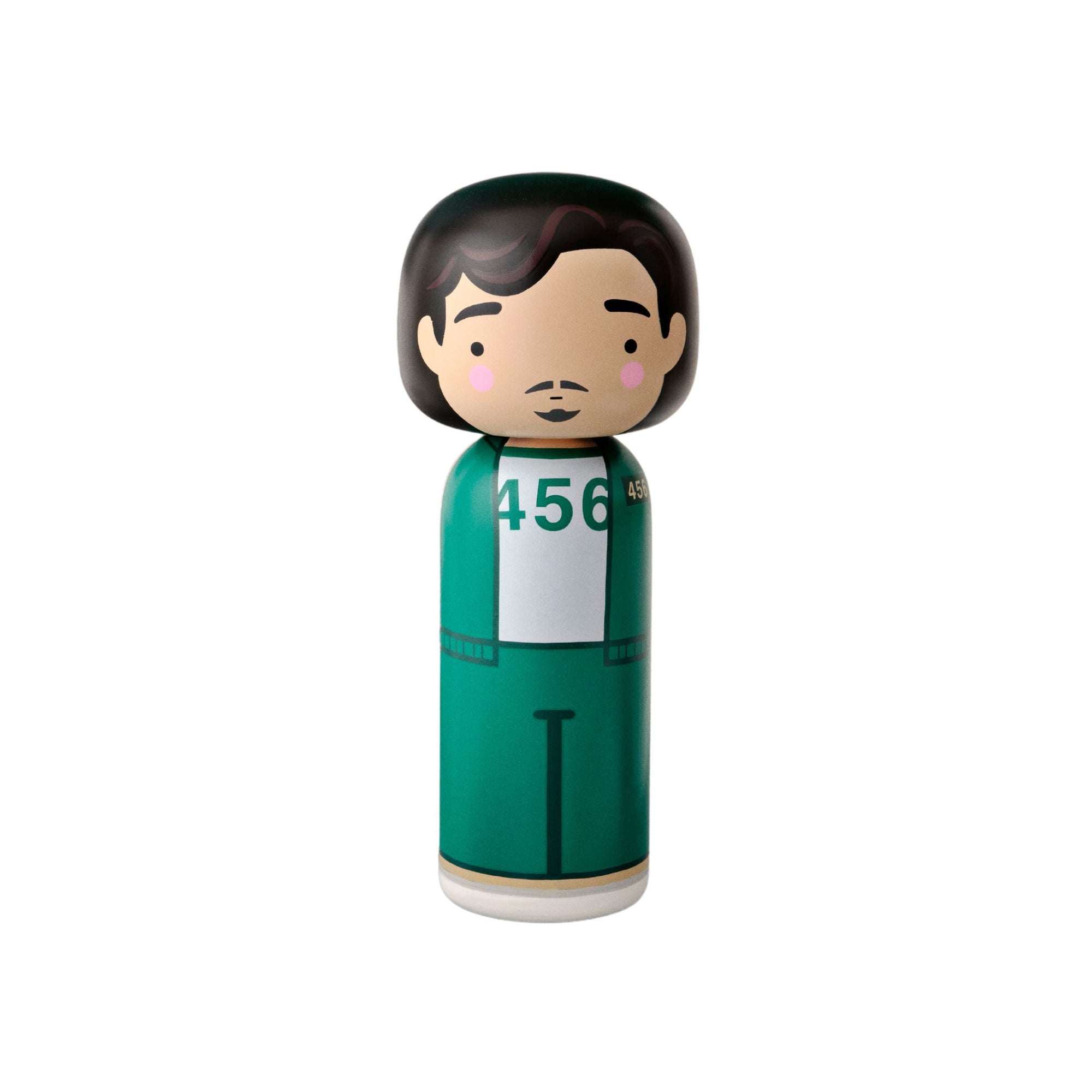 Kokeshi doll with dark hair, wearing a green outfit with the number 456 on the chest.