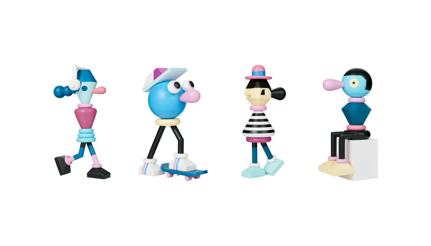 Colorful, abstract figurines with geometric shapes and playful designs, each with unique features and poses.