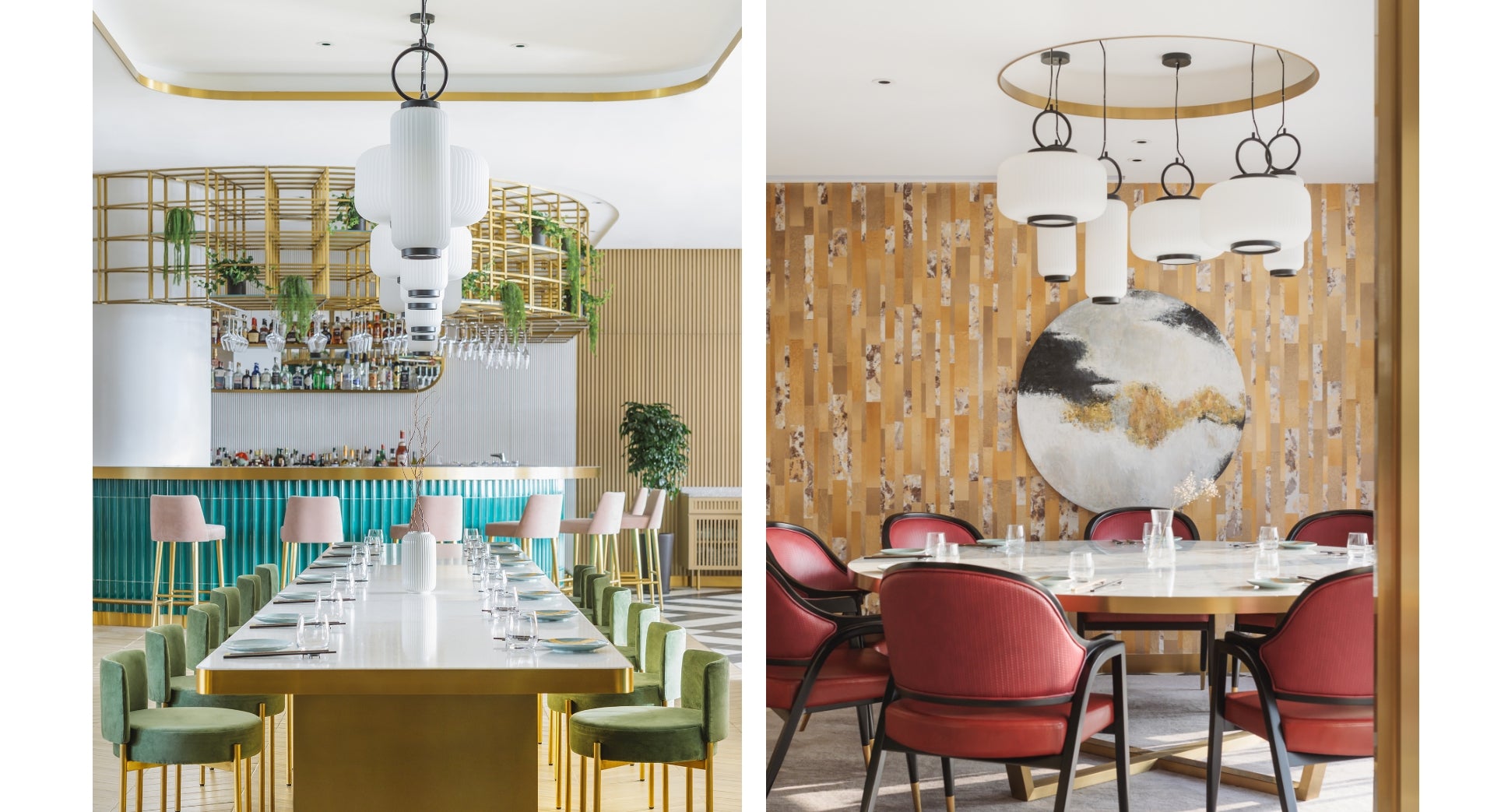 Two modern dining areas with elegant lighting, green and red chairs, and stylish decor elements.