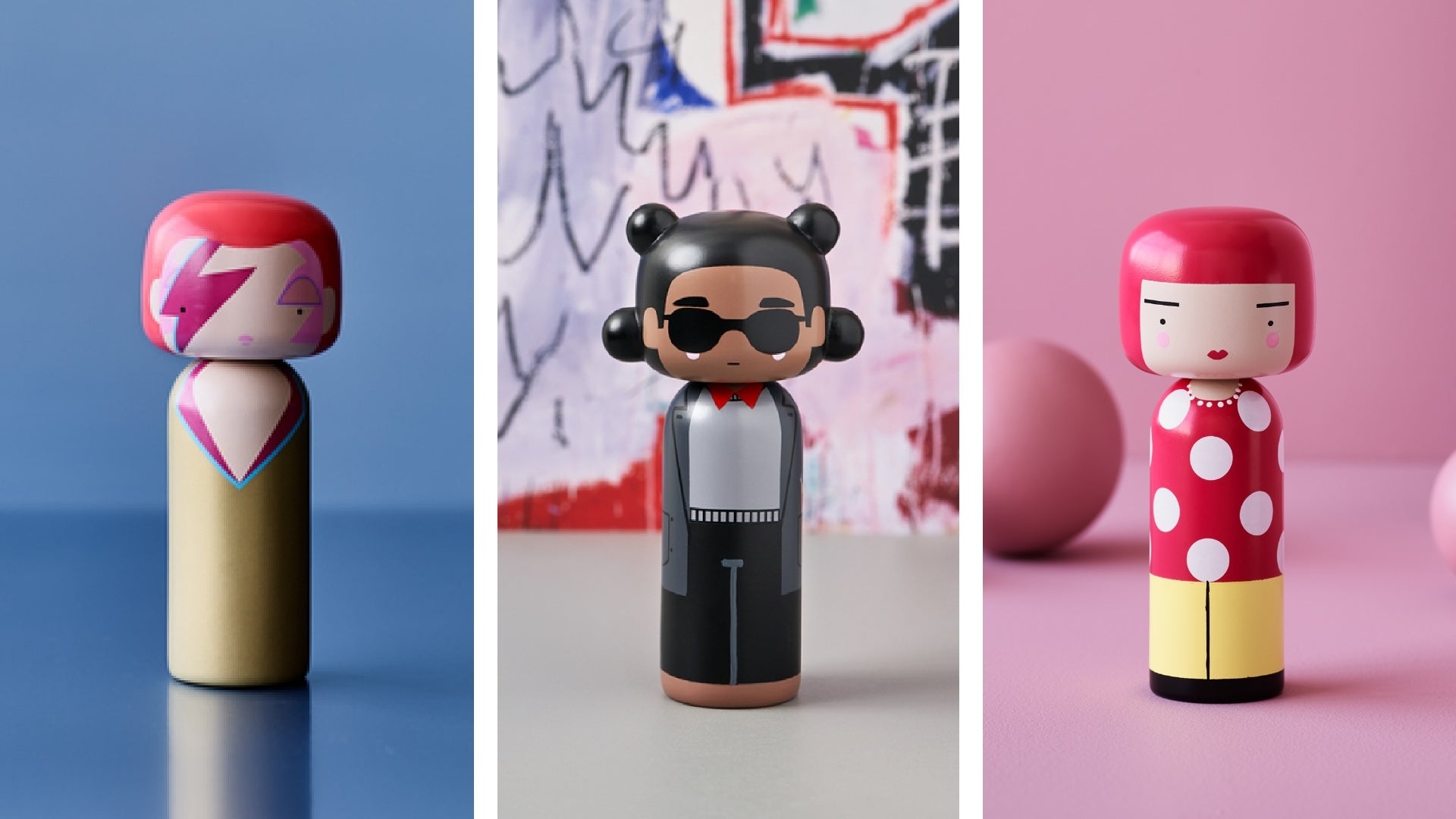 Three kokeshi dolls: one with a lightning bolt, one with sunglasses, and one in a polka dot dress.
