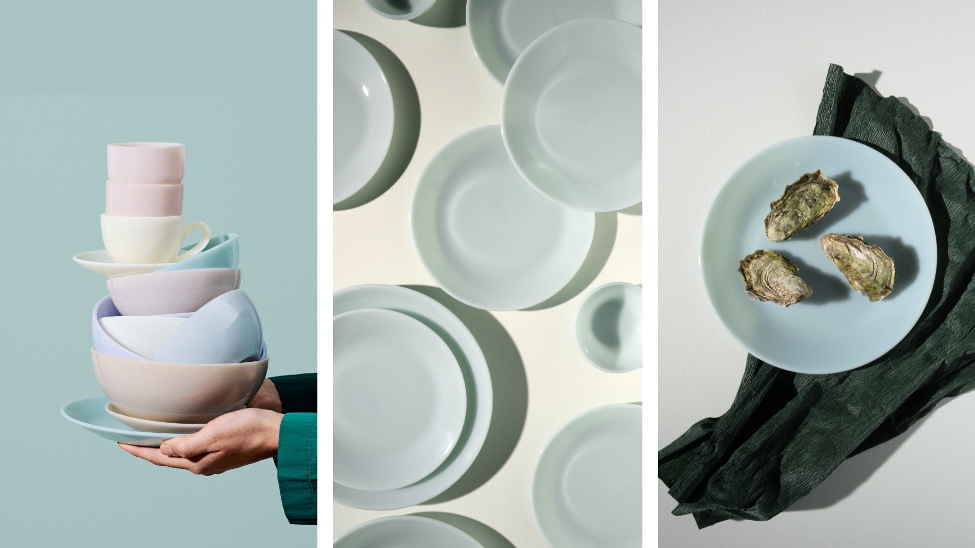 Hands holding stacked pastel dishes; scattered plates; oysters on a plate with green fabric.