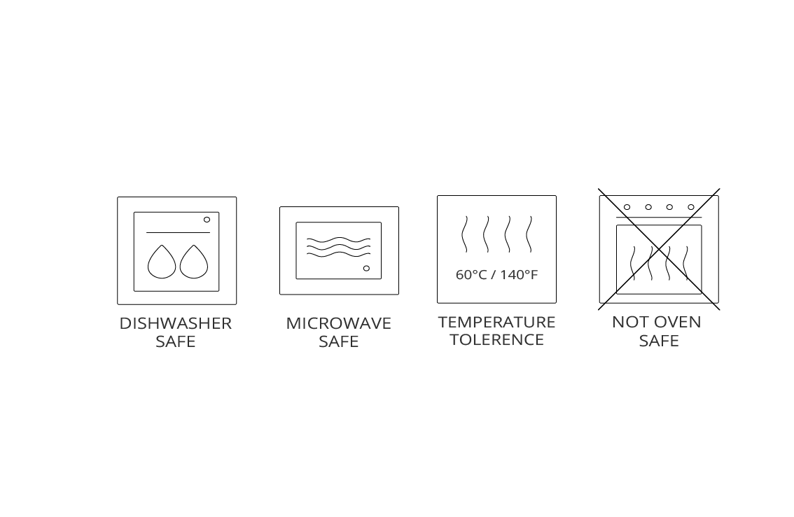 Die Symbole zeigen an, dass sie spülmaschinenfest, mikrowellenfest, temperaturbeständig und nicht ofenfest sind.