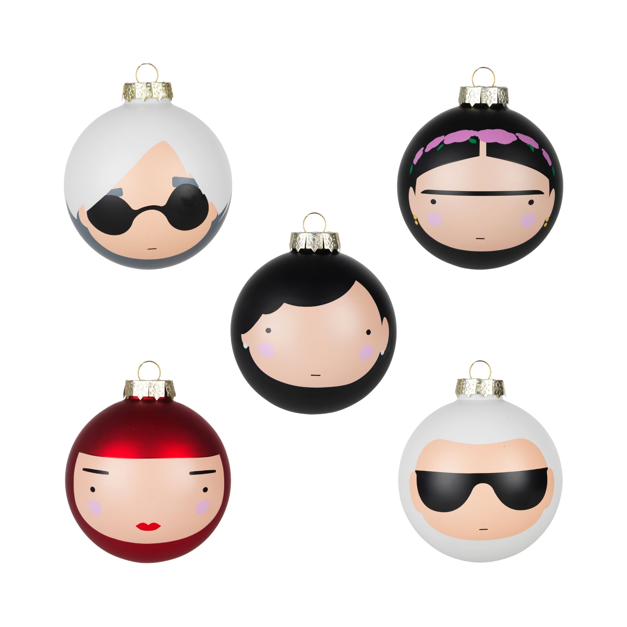 Five decorative baubles with stylized faces, each featuring unique hairstyles and accessories.