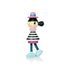 A colorful, abstract kokeshi doll with a striped dress, pink hat, and blue shoes.